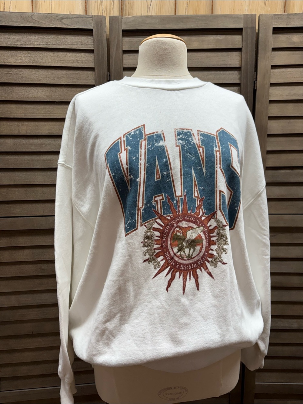 Vans White Crewneck Sweatshirt with Distressed Blue & Rust Graphic